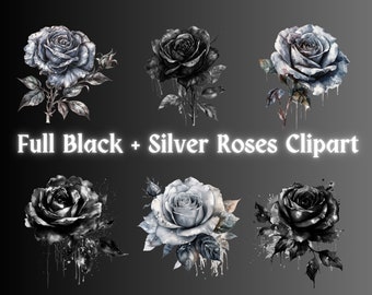 Schwarz + Silber Rosen Aquarell Clipart, Blumen Clip Art, Gothic Blumen, PNG Bundle, Junk Journal, digitaler Download, kommerzielle Nutzung