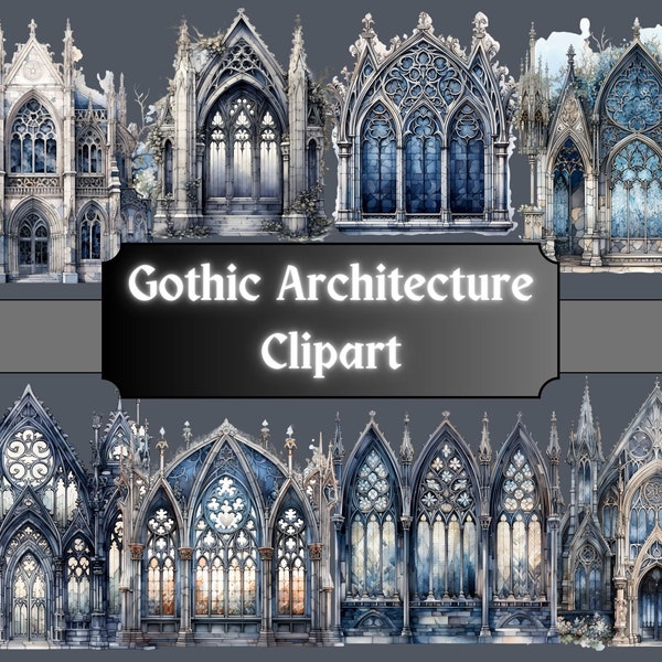 Gothic Architecture Watercolor Clipart, Ornate Arches Clip Art, Cathedral Windows, PNG Bundle, Junk Journal, Digital Download