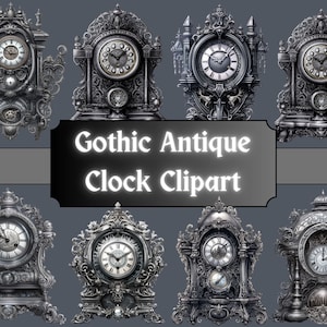 Clipart orologio antico gotico, ClipArt vittoriana d'argento, Bundle PNG ornato, Diario spazzatura grafica Steampunk, Download digitale