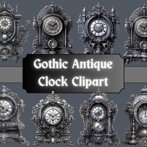 Gothic Antique Clock Clipart, Silver Victorian Clip Art, Ornate PNG Bundle, Steampunk Graphics Junk Journal, Digital Download