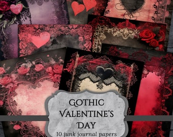 Gothic Valentine's Day Junk Journal Papers, Hearts Border Scrapbook Page, Love Journal Page, Printable Paper, Collage Sheet Digital Download