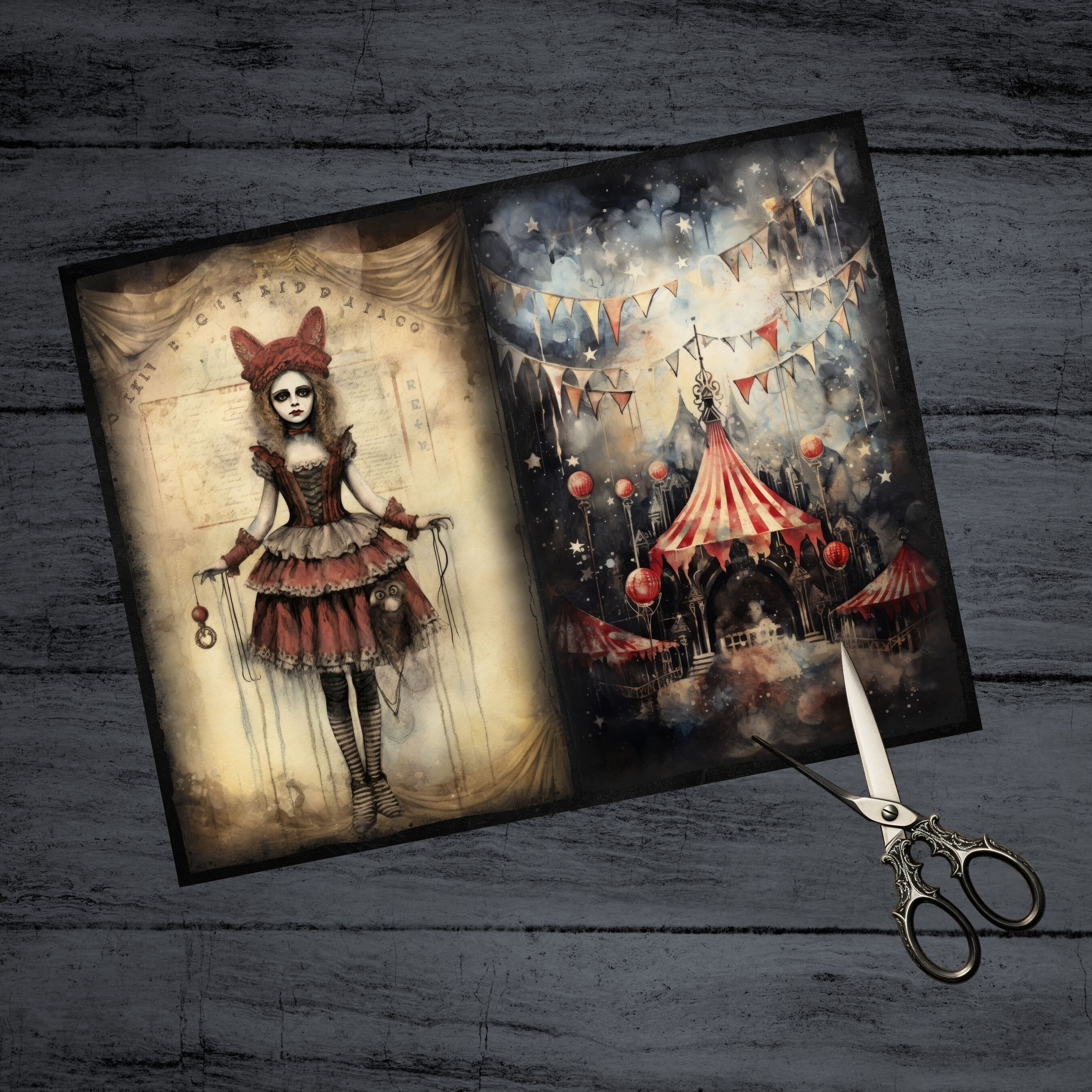 Gothic Circus Junk Journal Pages, Dark Fantasy Scrapbook