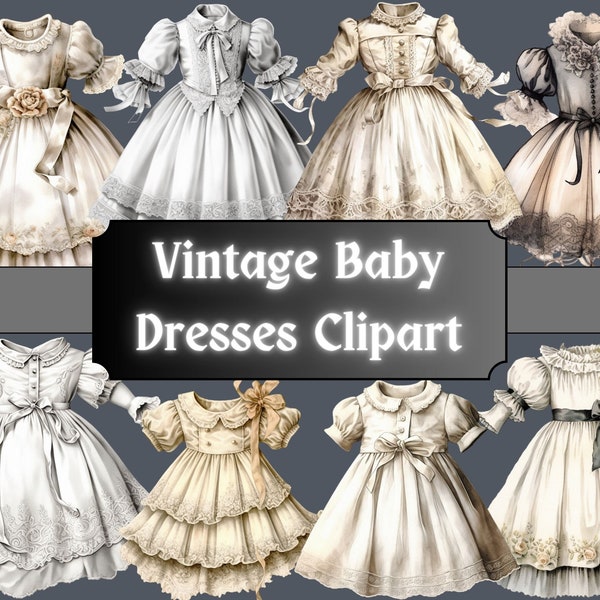 Vintage Baby Dresses Clipart, Paper Doll Dress Clip Art, Baby Girl PNG Bundle, Scrapbook Ephemera, Junk Journal, Digital Download