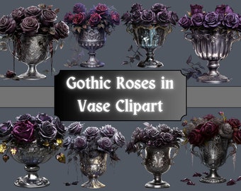 Gothic Rosen in Vase Clipart, dunkle Rosen Clip Art, antike Vase PNG Bundle, Blumen, Blumen und Blätter, Junk Journal, digitaler Download