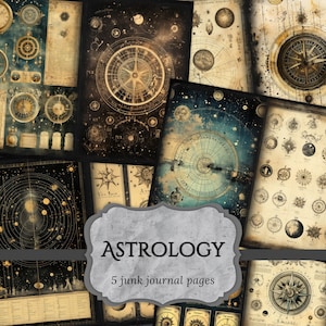 Pagine del diario spazzatura di astrologia, Pagina dell'album zodiacale, Pagina del diario celeste, Carta stampabile, Foglio di collage, Download digitale