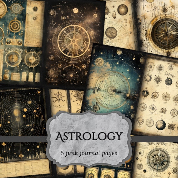 Astrology Junk Journal Pages, Zodiac Scrapbook Page, Celestial Journal Page, Printable Paper, Collage Sheet, Digital Download