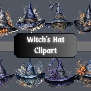Witch's Hat Watercolor Clipart, Witchy Hat Clip Art, Halloween Magic Spooky PNG Bundle, Junk Journal, Digital Download