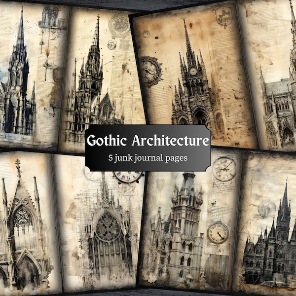 Gothic Architecture Junk Journal Pages, Dark Fantasy Scrapbook Page, Journal Pages, Printable Paper, Collage Sheet, Digital Download