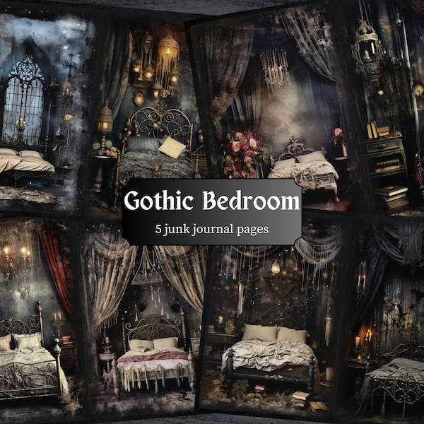 Gothic Bedroom Junk Journal Pages, Dark Scrapbook Page, Vintage Journal Pages, Bed Room Printable Paper, Collage Sheet, Digital Download