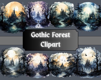 Gothique forêt aquarelle Clipart, enchanteur Woodland Clip Art, Dark Fantasy, magique PNG Bundle, Junk Journal, téléchargement numérique