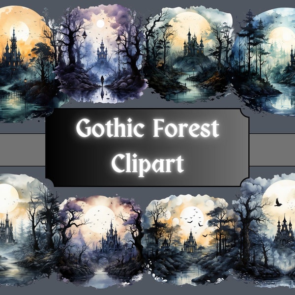 Gothic Forest Watercolor Clipart, Enchanting Woodland Clip Art, Dark Fantasy, Magical PNG Bundle, Junk Journal, Digital Download