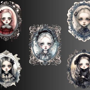 Gothic Puppe Portrait Aquarell Clipart, viktorianischen Mädchen Rahmen Clip Art, Puppen PNG Bundle, Puppe Collage, Junk Journal, digitaler Download Bild 6
