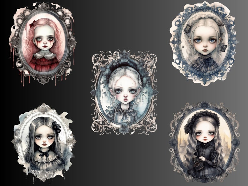 Gothic Puppe Portrait Aquarell Clipart, viktorianischen Mädchen Rahmen Clip Art, Puppen PNG Bundle, Puppe Collage, Junk Journal, digitaler Download Bild 6