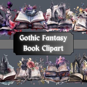 Gothic Fantasy Books Watercolor Clipart, Dark Fantasy Clip Art, Open Book PNG Bundle, Vintage Book, Junk Journal, Digital Download