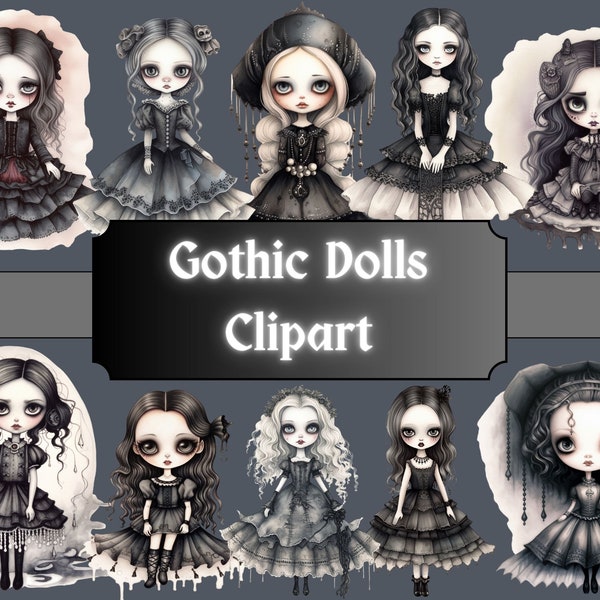 Gothic Puppe Clipart, Clip Art Dark Fantasy Puppe, viktorianisches Mädchen PNG Bundle, Scrapbook, Junk Journal, digitaler Download