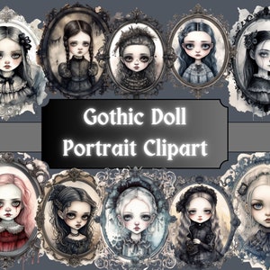 Gothic Puppe Portrait Aquarell Clipart, viktorianischen Mädchen Rahmen Clip Art, Puppen PNG Bundle, Puppe Collage, Junk Journal, digitaler Download Bild 1