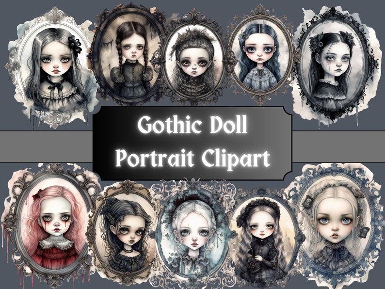 Gothic Puppe Portrait Aquarell Clipart, viktorianischen Mädchen Rahmen Clip Art, Puppen PNG Bundle, Puppe Collage, Junk Journal, digitaler Download Bild 1