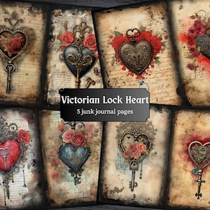 Victorian Lock Heart Junk Journal Pages, Vintage Scrapbooking Page, Dark Journal Pages, Printable Paper, Collage Sheet, Digital Download