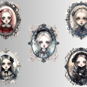 Gothic Puppe Portrait Aquarell Clipart, viktorianischen Mädchen Rahmen Clip Art, Puppen PNG Bundle, Puppe Collage, Junk Journal, digitaler Download Bild 7