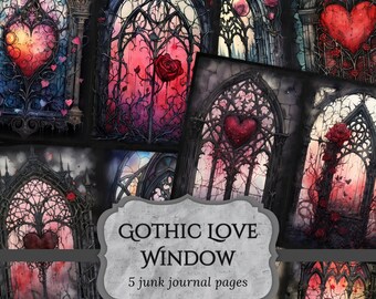Gothic Love Window Junk Journal Pages, Valentines Day Scrapbook, Dark Fantasy Journal Page, Printable Paper, Collage Sheet, Digital Download