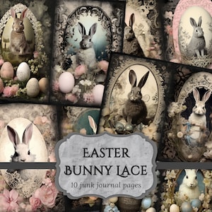 Easter Bunny Lace Junk Journal Pages, Rabbit Scrapbooking Page, Egg Garden Journal Paper, Papier imprimable, Feuille de collage, Téléchargement numérique
