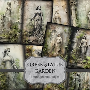 Pagine di diario spazzatura del giardino della statua greca, pagina di album verde, pagina di diario antico, carta stampabile, foglio di collage, download digitale