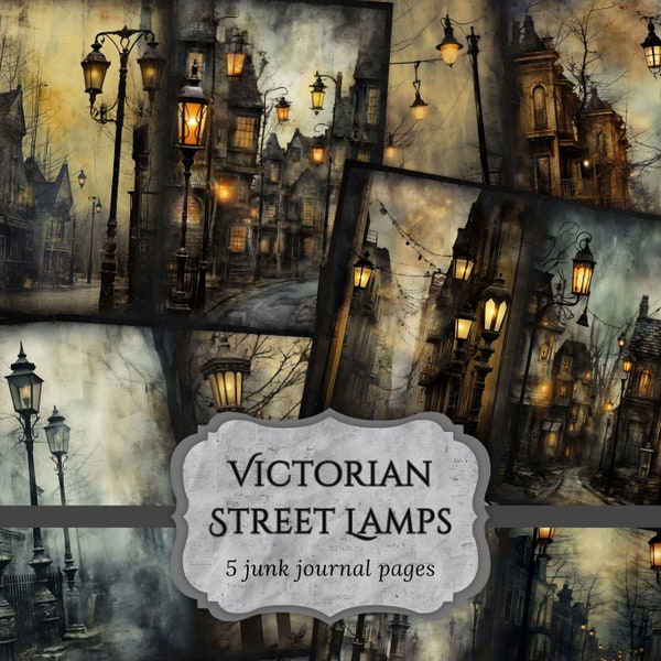 Victorian Lamps Junk Journal Pages, Haunted Street Scrapbook Page, Vintage Journal Pages, Printable Paper, Collage Sheet, Digital Download