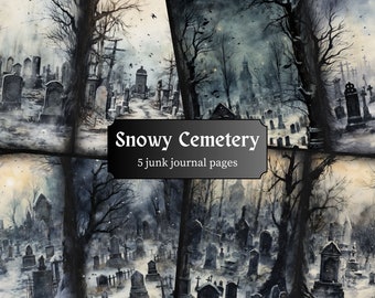 Snowy Cemetery Junk Journal Pages, Eerie Gothic Scrapbook Dark Page, Graveyard Journal Pages Printable Paper Collage Sheet Digital Download