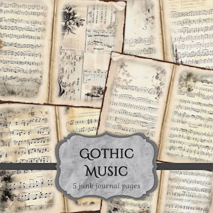 Páginas de diario basura de música gótica, página de álbum de recortes de partituras musicales, páginas de diario vintage, papel imprimible, hoja de collage, descarga digital