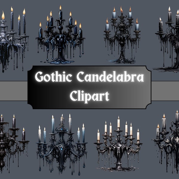 Gothic Candelabra Watercolor Clipart, Antique Dark Fantasy Clip Art, Academia Furniture Candle, PNG Bundle, Junk Journal, Digital Download