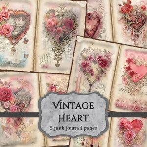 Vintage Heart Junk Journal Pages, Valentines Scrapbook Page, Floral Love Journal Pages, Printable Paper, Collage Sheet, Digital Download