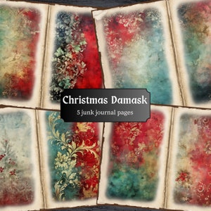 Christmas Damask Junk Journal Pages, Xmas Wallpaper Scrapbook Page, Grungy Journal Page, Printable Paper, Collage Sheet, Digital Download