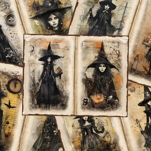 Witch Junk Journal Pages, Gothic Halloween Scrapbooking Page, Vintage Journal Pages, Printable Paper, Collage Sheet Digital Download