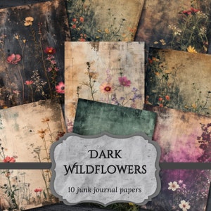 Páginas de diário de lixo de flores silvestres escuras, página de álbum de recortes de flores silvestres, página de diário floral, papel para impressão, folha de colagem, download digital