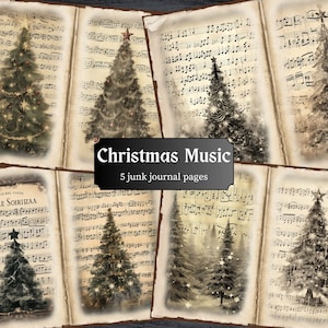 Páginas del diario basura de música navideña, página del álbum de recortes del árbol de Navidad, página del diario de partituras, papel imprimible, hoja de collage, descarga digital