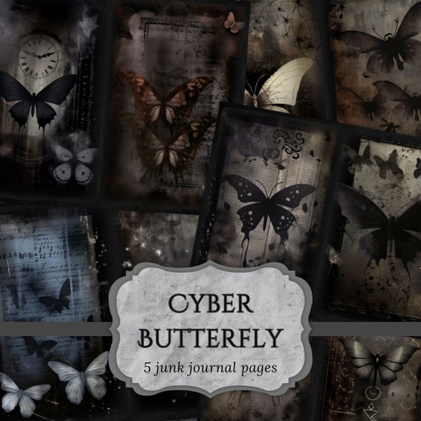 Cyber Butterfly Junk Journal Pages, Gothic Butterflies Scrapbook Page, Y2K Journal Pages, Printable Paper, Collage Sheet, Digital Download