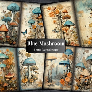 Páginas de diário de lixo de cogumelo azul, página de scrapbooking de Fantasy Woodland, páginas de diário de fungo, papel para impressão, folha de colagem, download digital