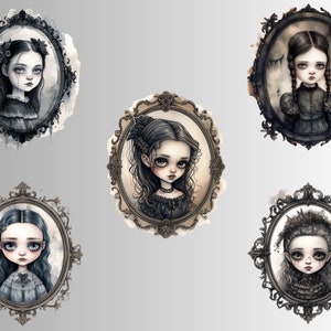 Gothic Puppe Portrait Aquarell Clipart, viktorianischen Mädchen Rahmen Clip Art, Puppen PNG Bundle, Puppe Collage, Junk Journal, digitaler Download Bild 5