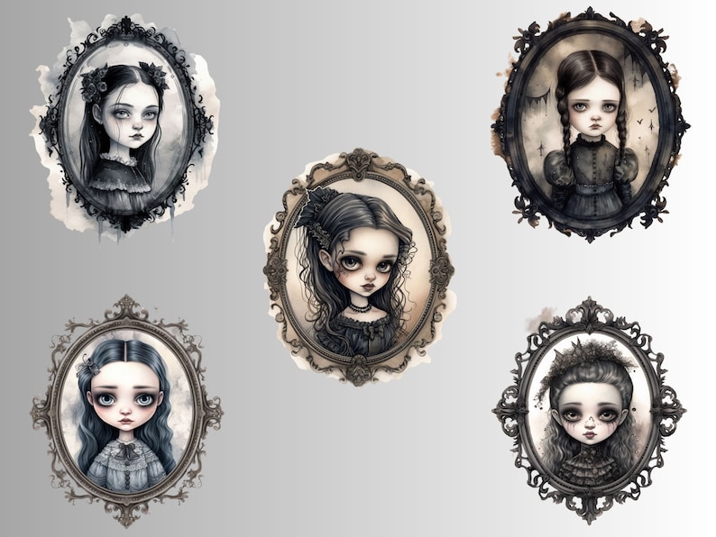 Gothic Puppe Portrait Aquarell Clipart, viktorianischen Mädchen Rahmen Clip Art, Puppen PNG Bundle, Puppe Collage, Junk Journal, digitaler Download Bild 5