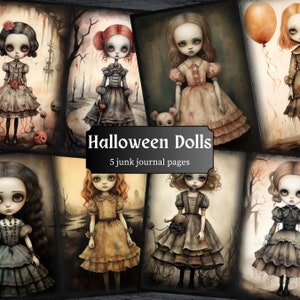 Halloween Doll Junk Journal Pages, Spooky Girl Scrapbook Page, Dark Fantasy Journal Pages, Printable Paper, Collage Sheet, Digital Download