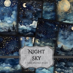 Pagine del diario spazzatura del cielo notturno, Pagina dell'album Luna e stelle, Pagina del diario celeste, Carta stampabile, Foglio di collage, Download digitale
