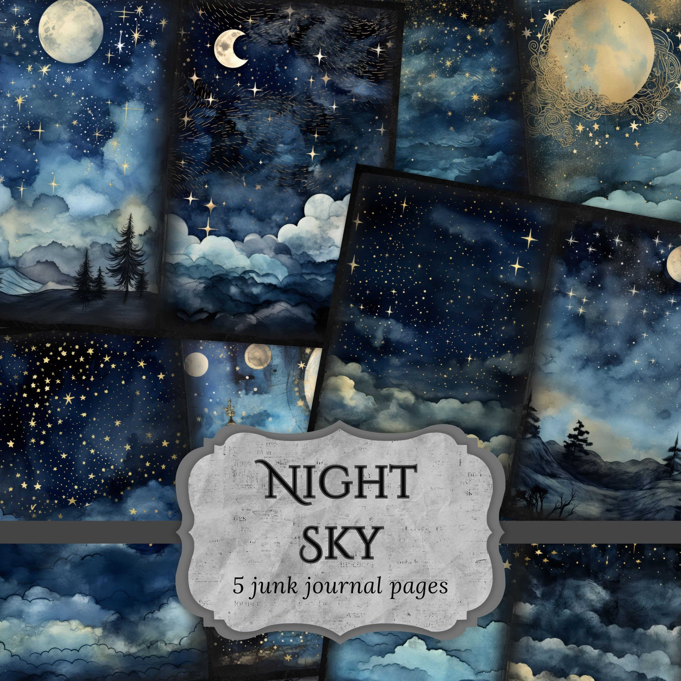Night Sky Junk Journal Pages, Moon and Stars Scrapbook Page Night Sky Junk Journal Pages, Moon and Stars Scrapbook Page
