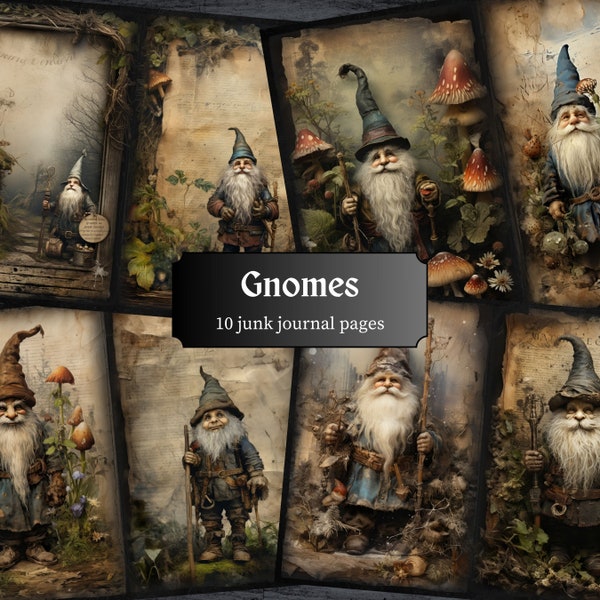 Gnomes Junk Journal Pages, Garden Gnome Scrapbook Page, Woodland Vintage Journal Pages, Printable Paper, Collage Sheet, Digital Download
