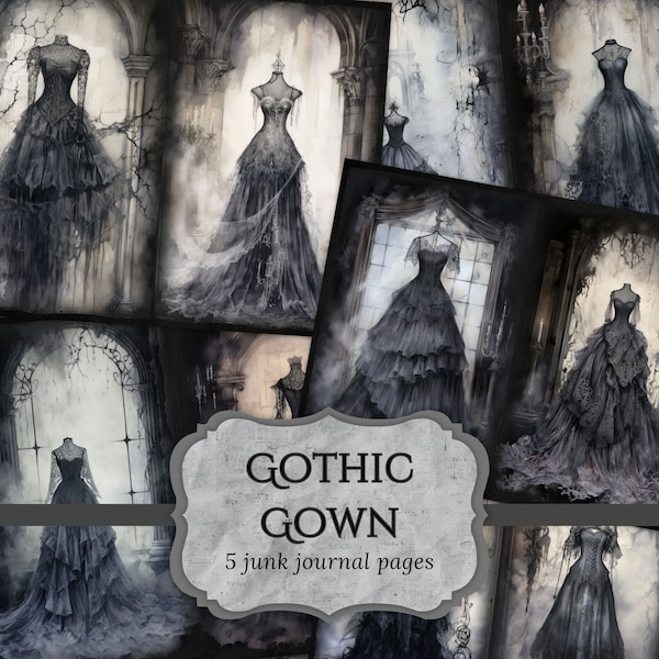 Gothic Gown Junk Journal Pages, Lace Dress Scrapbook, Dark Fantasy Journal Page, Printable Paper, Collage Sheet, Digital Download