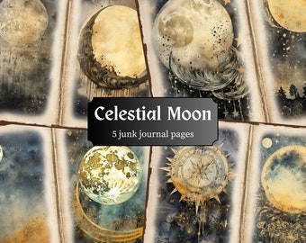 Celestial Moon Junk Journal Pages, Dark Fantasy Scrapbook Page, Lunar Journal Pages, Printable Paper, Collage Sheet, Digital Download