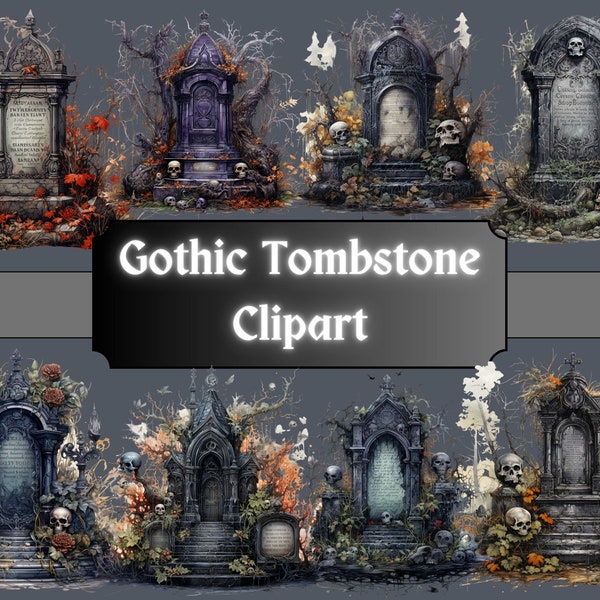 Gothique pierre tombale aquarelle Clipart, Spooky cimetière Clip Art, Halloween PNG Bundle, tombe difficile coupe, Macabre Junk Journal, téléchargement numérique