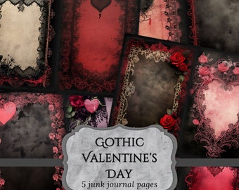 Gothic Valentine's Day Junk Journal Pages, Hearts Border Scrapbook Page, Love Journal Page, Printable Paper, Collage Sheet, Digital Download