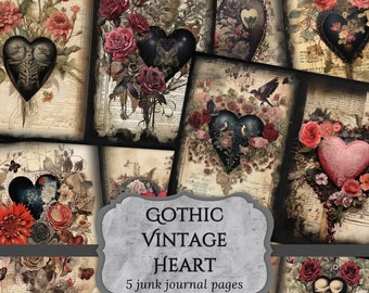 Gothic Vintage Heart Junk Journal Pages, Antique Scrapbooking Page, Victorian Journal Pages, Printable Paper, Collage Sheet Digital Download