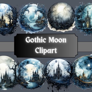 Gotische maan aquarel clipart, Lunar Eclipse Clip Art, Dark Fantasy Celestial, Full Crescent PNG bundel, Junk Journal, digitale download