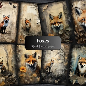 Pagine del diario spazzatura Foxes, pagina dell'album di Natale, pagina del diario festivo, carta stampabile, foglio di collage, download digitale